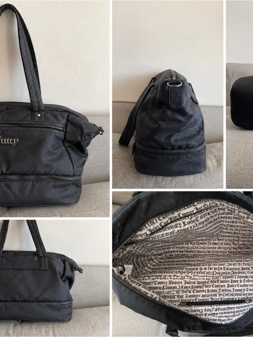 Juicy Couture Black Quilted Duffel Bag with Logo Print